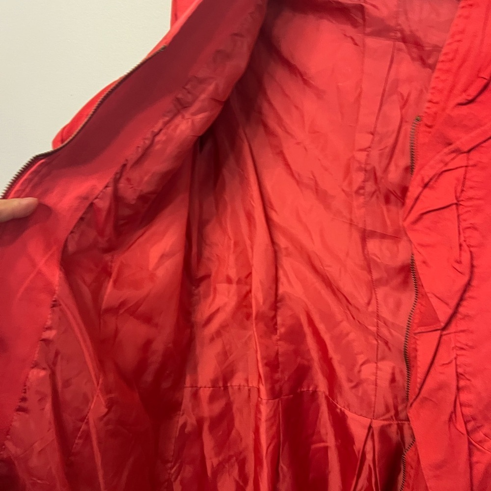 Elle Women's Vibrant Red Trench Coat Ruffle Missing Belt Size Medium - Picture 7 of 9